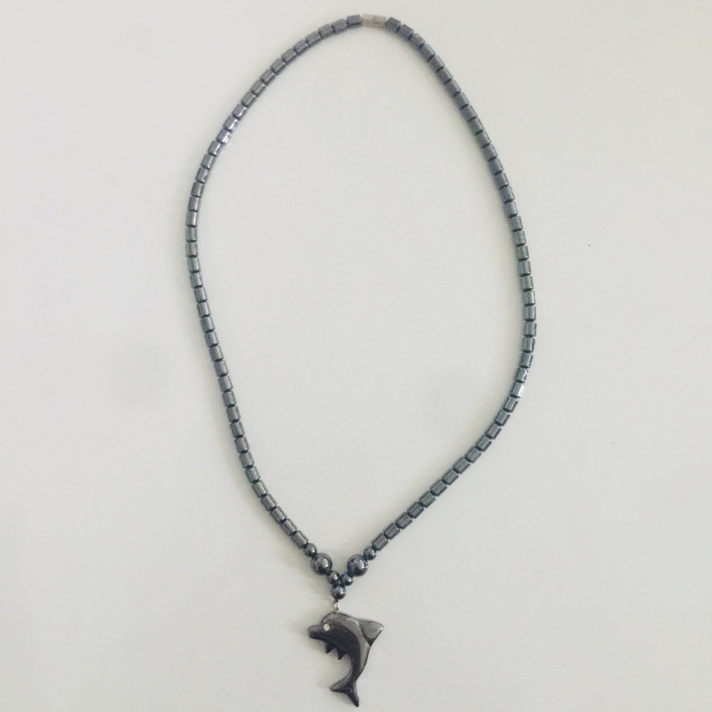 Hematite Beaded Dolphin Necklace, Dark Gray